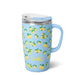 A blue mug featuring a vibrant lemon print, showcasing a cheerful and refreshing design.