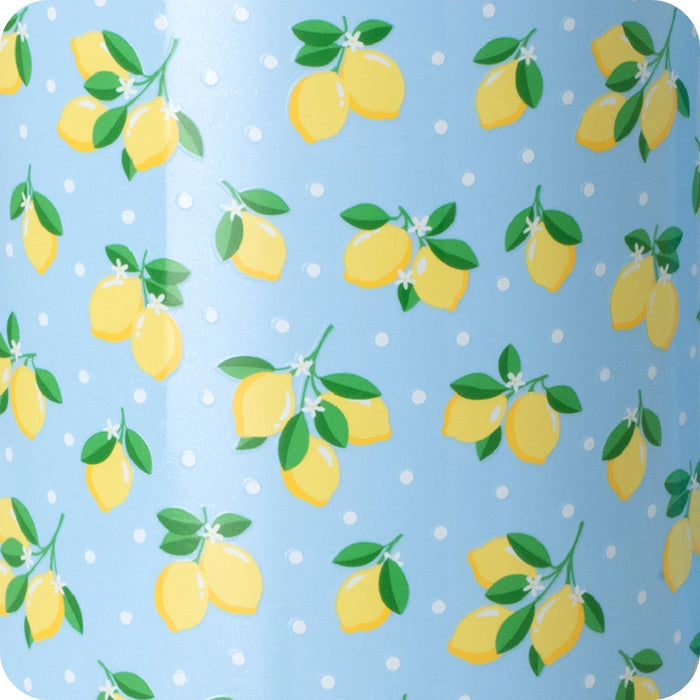 A blue mug adorned with a lively lemon pattern, adding a touch of brightness to any beverage.