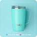 A blue mug decorated with a playful lemon motif, perfect for enjoying your favorite drinks.