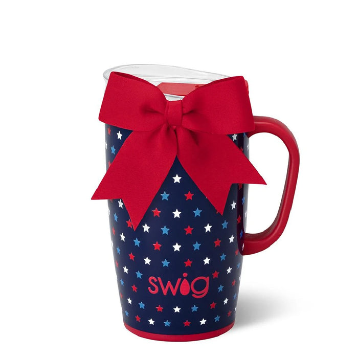 A coffee mug adorned with a red, white, and blue bow, adding a festive touch to the design.