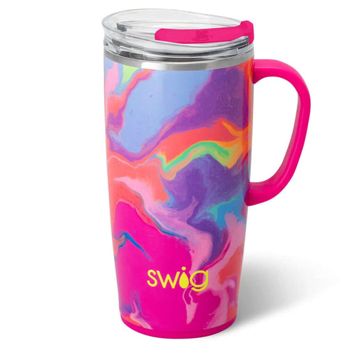 Colorful marbled  travel mug with pink handle and 'swig' logo on a white background