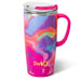Colorful marbled  travel mug with pink handle and 'swig' logo on a white background