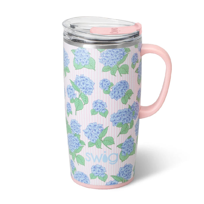 Travel mug featuring a colorful hydrangea design by Swoogirls, perfect for on-the-go beverages.