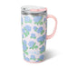 Travel mug featuring a colorful hydrangea design by Swoogirls, perfect for on-the-go beverages.