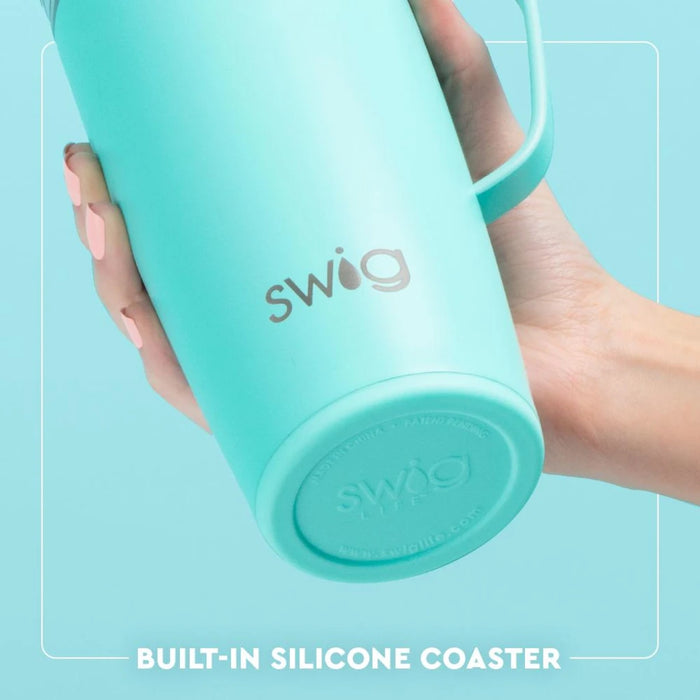 Beach-themed travel mug with lively tropical graphics, designed for enjoying drinks while traveling or relaxing outdoors.