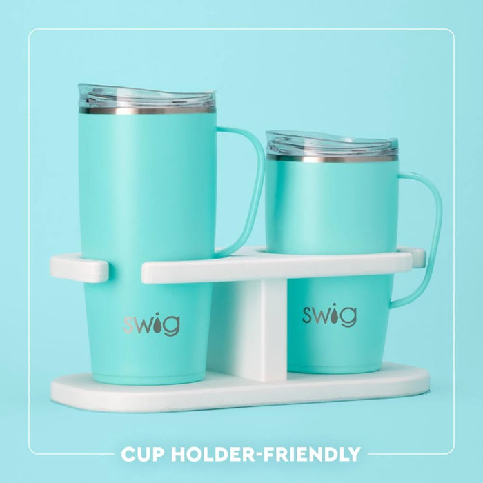 Vibrant travel mug with a beach design, featuring palm trees and ocean waves, perfect for sipping beverages on the go.