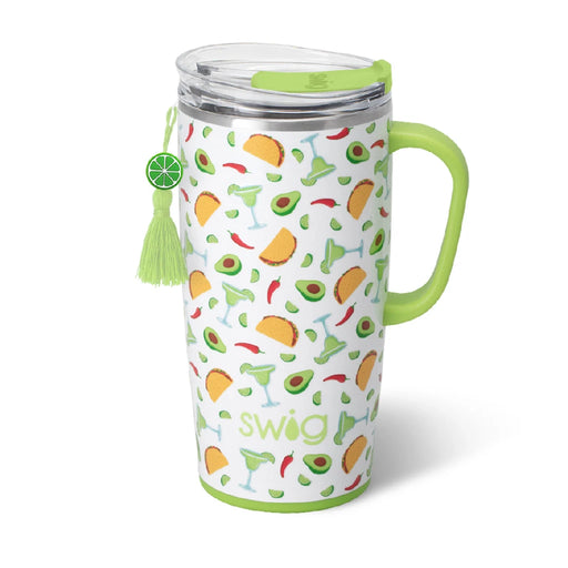 A white and green travel mug featuring a green handle, designed for on-the-go beverages.