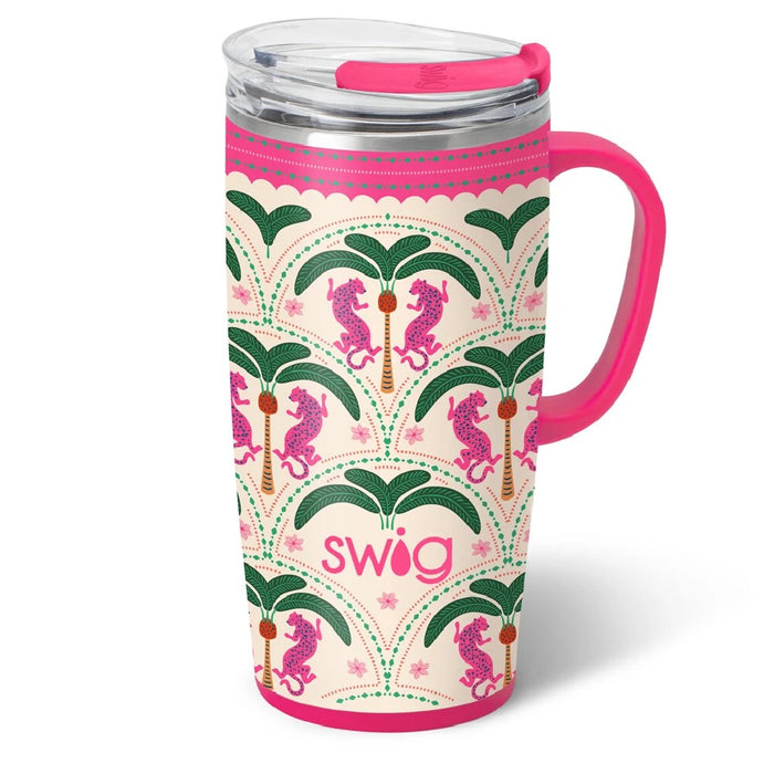 Swiggy travel mug featuring palm trees, perfect for enjoying beverages on the go.