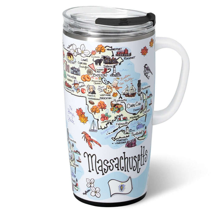 Travel mug with a map of Massachusetts design on a white background