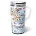 Travel mug with a map of Massachusetts design on a white background