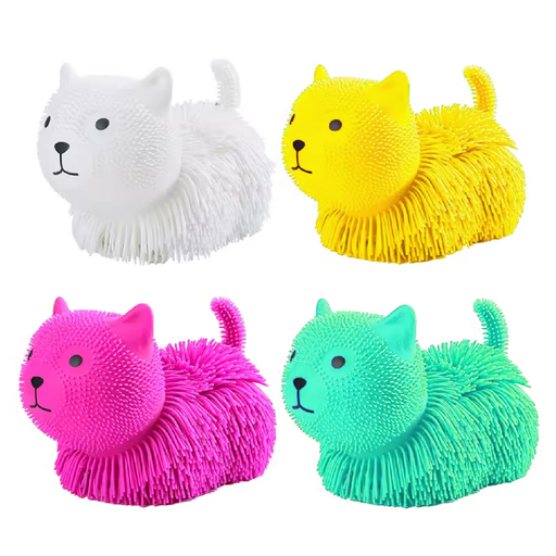 Four colorful animal-shaped stress balls on a white background