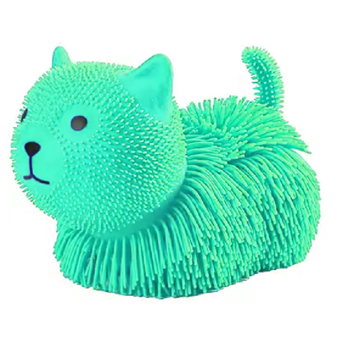 Green cat-shaped stress ball with textured surface on a white background