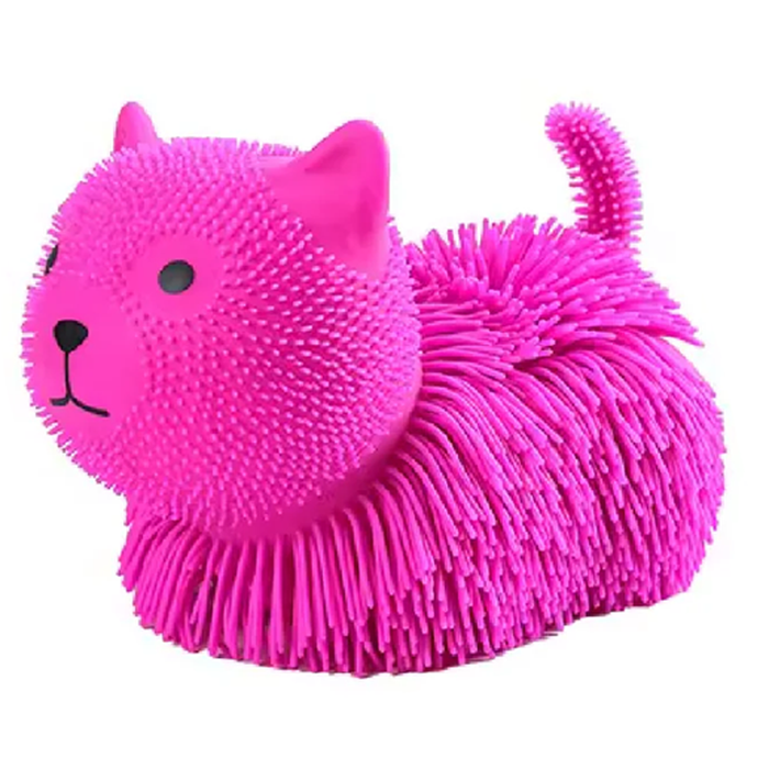 Pink cat-shaped stress ball on a white background