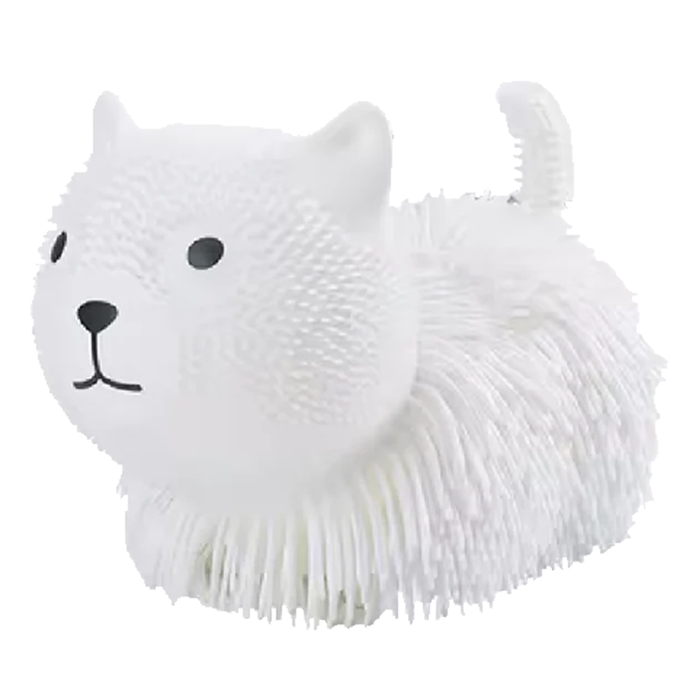 White fluffy toy with a cat-like face on a white background