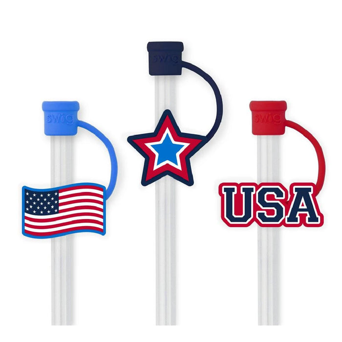 Three pens in different colors featuring the USA flag design on each barrel.