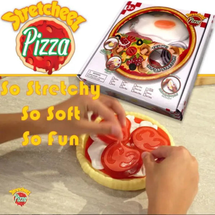 Stretcheez Pizza toy with packaging and hands interacting with it on a neutral background