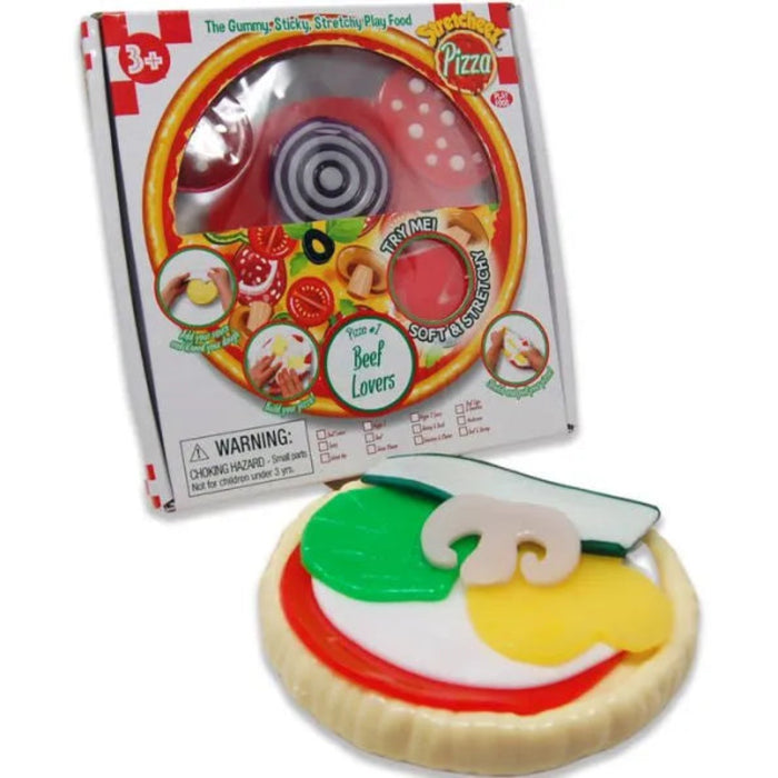 Toy Squishy  pizza with colorful toppings next to its packaging on a white background
