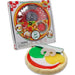 Toy Squishy  pizza with colorful toppings next to its packaging on a white background