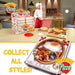 Toy pizza set with packaging and chef figure on a table, promotional text 'Collect all styles!'.