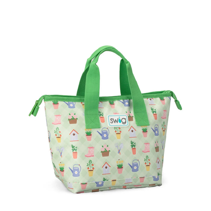 A small green lunch bag featuring a matching green handle, designed for carrying meals or snacks.