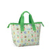 A small green lunch bag featuring a matching green handle, designed for carrying meals or snacks.