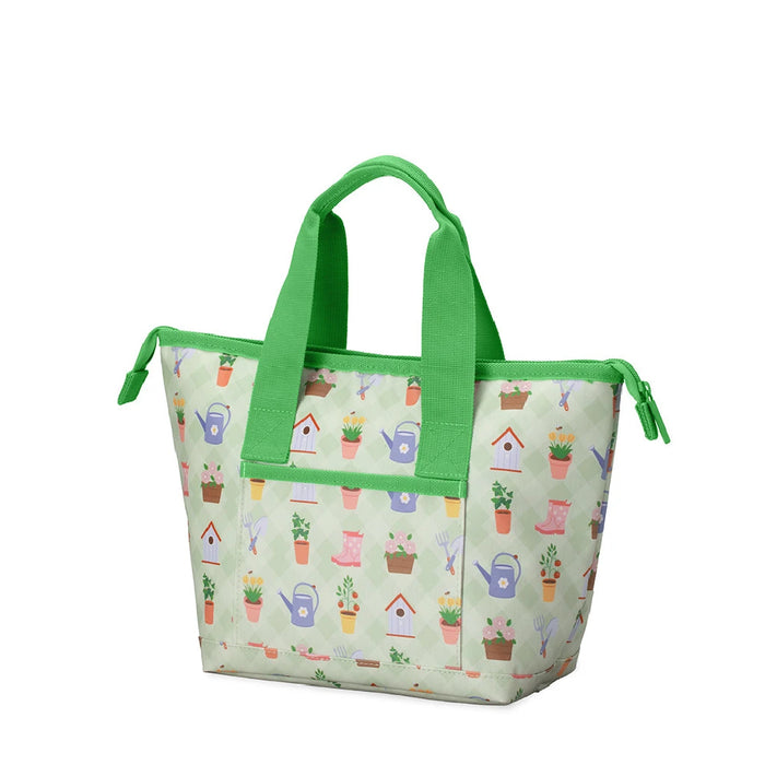 A compact green lunch bag with a green handle, ideal for transporting food items.