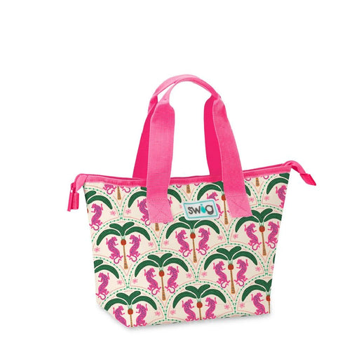 A petite tote bag with a bright tropical print, highlighting exotic foliage and floral elements.