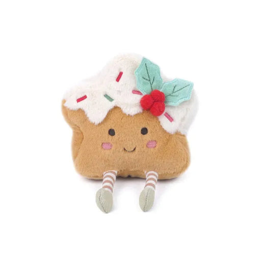 Plush toy resembling a Holiday sugar cookie with icing and a holly leaf on a white background