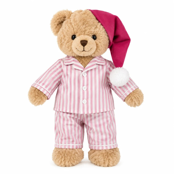Mon Ami Pajama Bear Plush stuffed animal wearing cozy pajamas, soft cuddly teddy bear for kids and gifting.