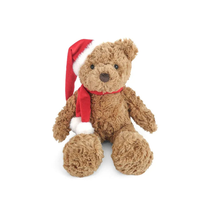Mon Ami Holiday Teddy Bear plush with soft brown fur, red Santa hat, and matching holiday scarf