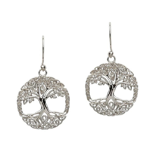 Elegant sterling silver earrings shaped like a tree of life, representing nature and harmony in a stylish accessory.