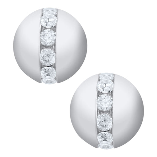 Pair of silver spherical earrings with clear gemstones on a white background
