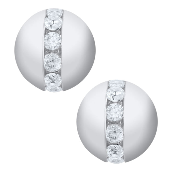 Pair of silver spherical earrings with clear gemstones on a white background