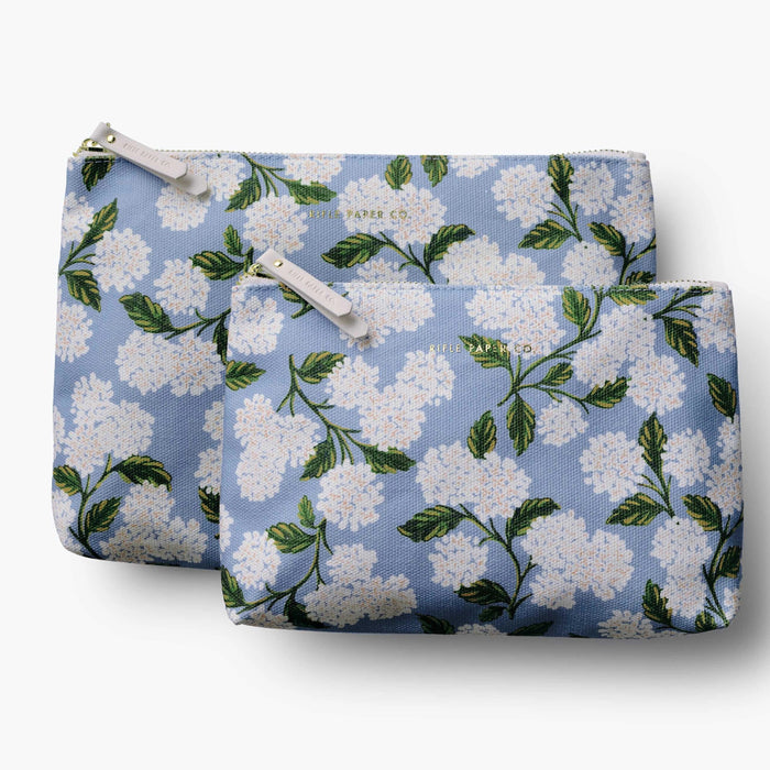 A set of two cotton canvas pouches featuring illustrated Hydrangea florals.