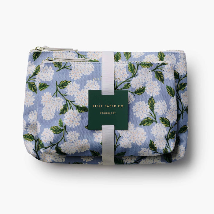 A set of two cotton canvas pouches featuring illustrated Hydrangea florals.