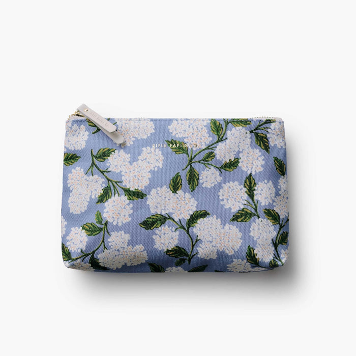 A set of two cotton canvas pouches featuring illustrated Hydrangea florals.