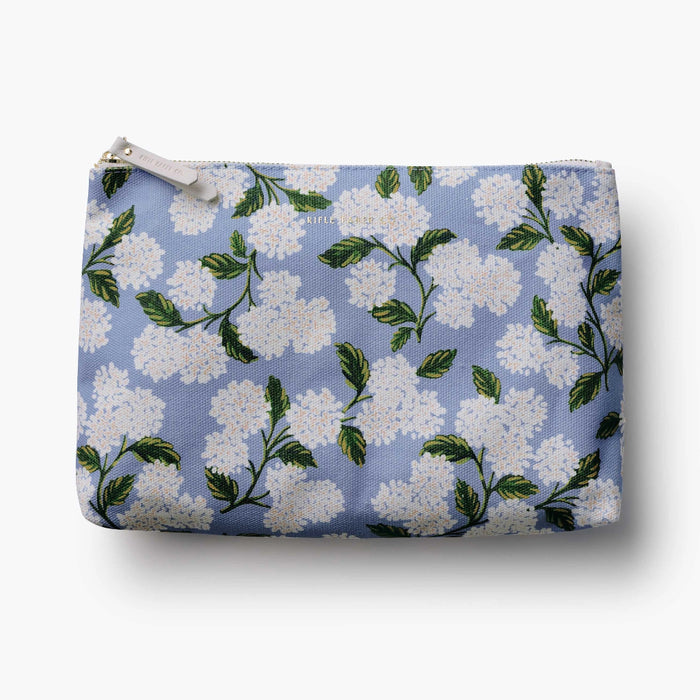A set of two cotton canvas pouches featuring illustrated Hydrangea florals.
