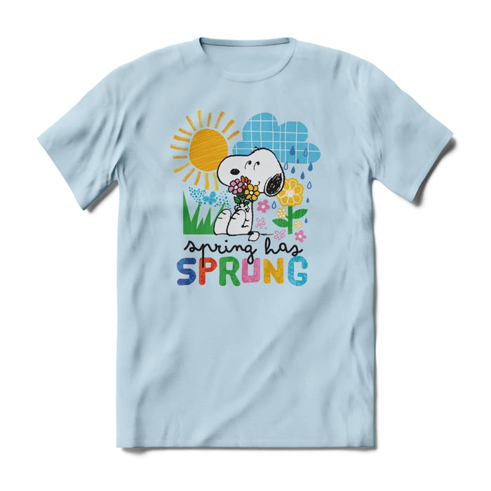 Brief Insanity Snoopy Spring Has Sprung T-Shirt featuring Snoopy in a colorful spring-themed graphic on a soft 100% cotton unisex tee, available in sizes Small through XXL.