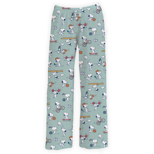 Snoopy sports-themed lounge pants with colorful all-over Peanuts character print and comfortable elastic waistband.