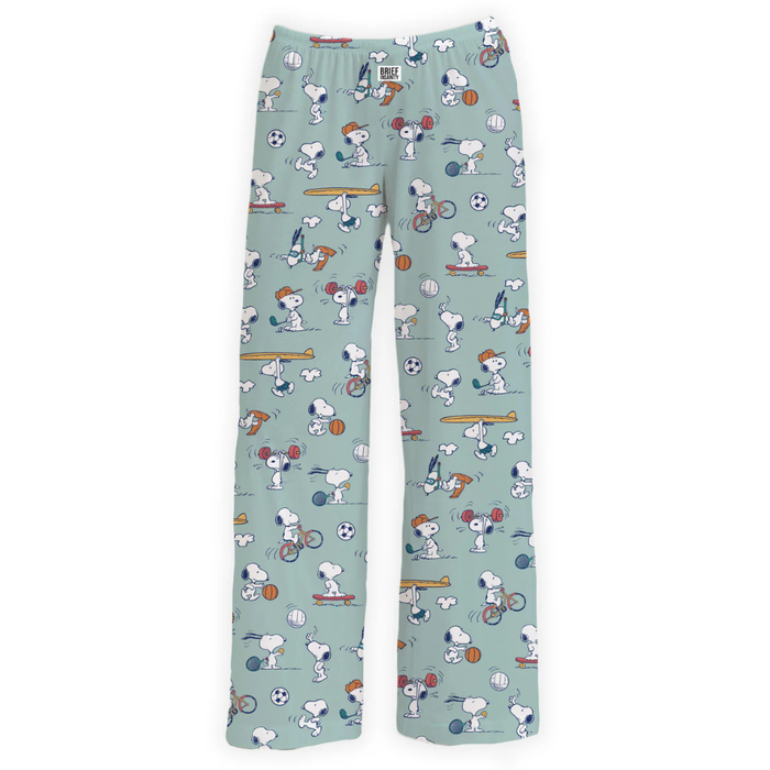 Snoopy sports-themed lounge pants with colorful all-over Peanuts character print and comfortable elastic waistband.