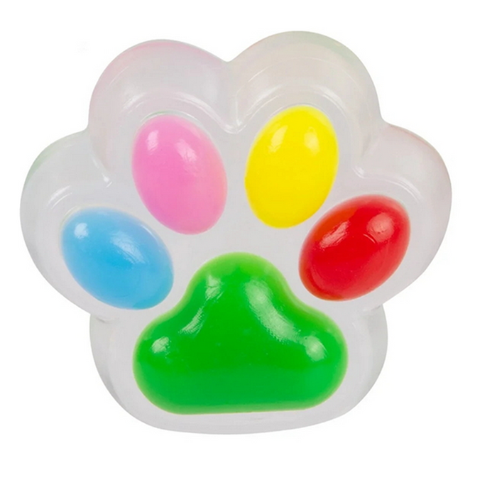 Colorful paw-shaped toy with pink, yellow, blue, and green pads on a white background