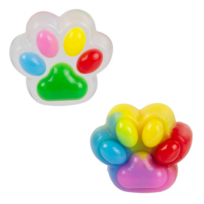 Colorful paw-shaped toys on a white background