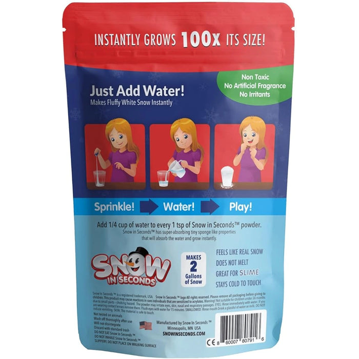 Packaging of Snow in Seconds product with text and images on a white background