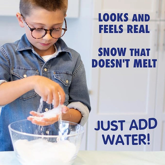 Child playing with a snow-like substance in a bowl, with text about a product that looks and feels real.