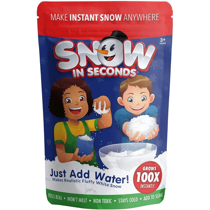 Product packaging for 'Snow in Seconds' with cartoon characters and text on a white background