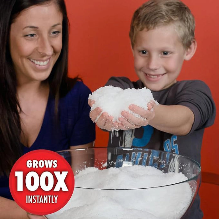 Woman and child with a bowl of snow, promoting a product that grows 100x instantly.