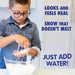 Child playing with a snow-like substance in a bowl, with text about a product that looks and feels real.