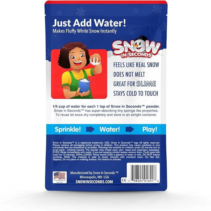 Snow in Seconds packaging with text and a child illustration on a white background