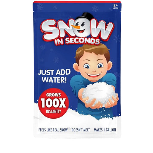 Product packaging for 'Snow in Seconds' with a cartoon boy holding snow.