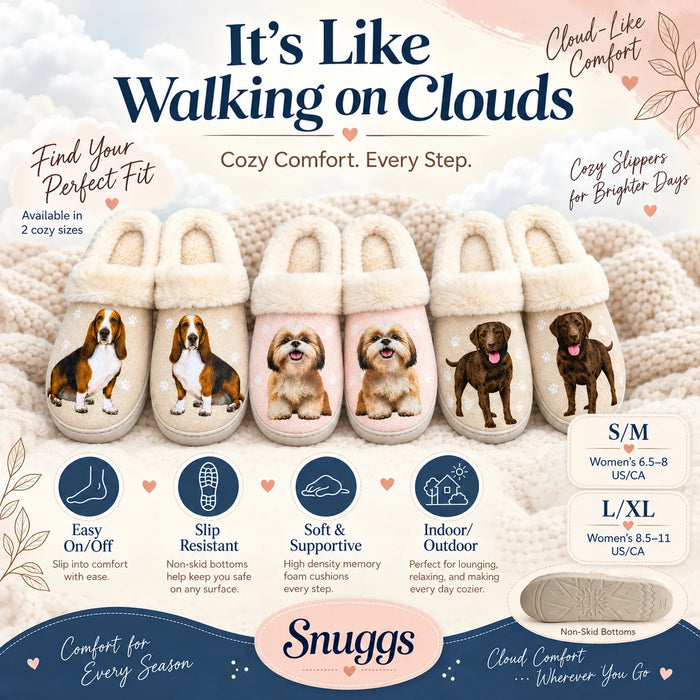 A promotional graphic for dog slippers showing four pairs of plush slip-on slippers with different dog illustrations on the uppers, arranged on a soft cream knit blanket. Text highlights features like cloud-like comfort, slip-resistant non-slip bottoms, soft support, and indoor/outdoor use.